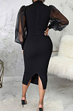 Yellow Wholesale New Mesh Spliced Puff Sleeve O Neck Collect Waist For Party Pencil Dress SMR10564-2