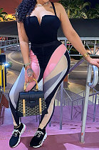 Black Women Trendy Printing Stripe Condole Belt Tight Mid Waist Sport Jumpsuits PU6098