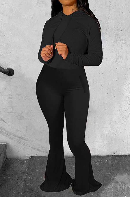 Purple Wholesale Cotton Blend Long Sleeve Hoodie Flare Pants Slim Fitting Solid Color Sets YYF8249-1