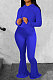 Peacock Blue Wholesale Cotton Blend Long Sleeve Hoodie Flare Pants Slim Fitting Solid Color Sets YYF8249-5