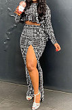 Black Women Long Sleeve Round Collar Fashion Flounce Tops High Split Skirts Sets GL6515