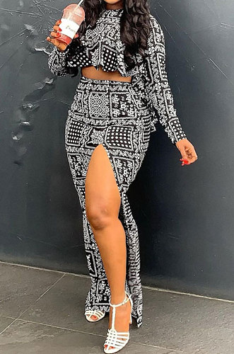 Black Women Long Sleeve Round Collar Fashion Flounce Tops High Split Skirts Sets GL6515