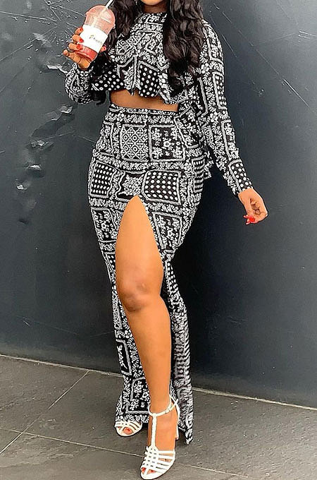 Black Women Long Sleeve Round Collar Fashion Flounce Tops High Split Skirts Sets GL6515