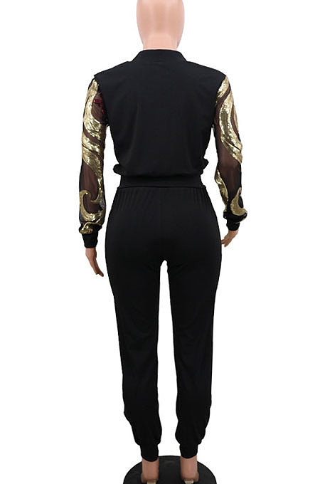 Blue Women Cardigan Zipper Long Sleeve Fashion Sequins Coat Pants Sets CCY8236