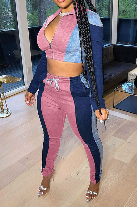 Pink Modest Spliced Long Sleeve Zipper Crop Tops Bodycon Pants Jean Legging  Sets ZQ8125-2