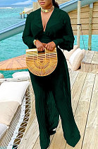 Drak Green Newest Chiffon Long Sleeve Deep V Collar Crop Blouse High Waist Wide Leg Pants Two-Piece SZS8185-3