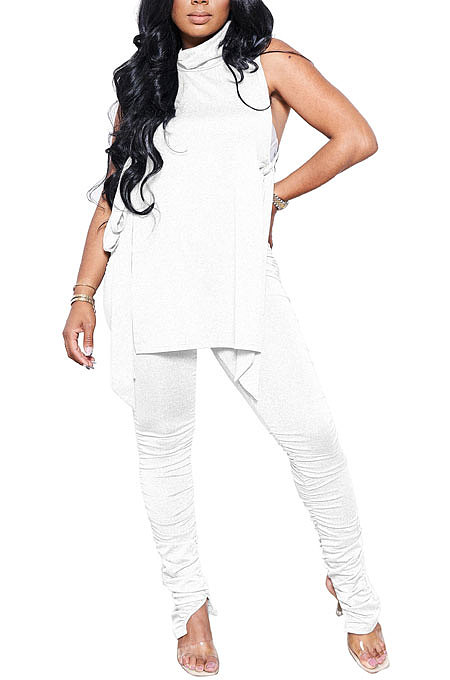 Pink Personality Pure Color Sleeveless High Neck Tops Ruffle Trousers Casual Sets YYF8247-6