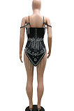 Black Women Sexy Irregular V Collar Condole Belt Hot Drilling Tassel Mini Dress CCY9192