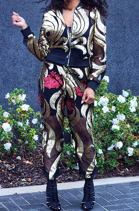 Blue Women Cardigan Zipper Long Sleeve Fashion Sequins Coat Pants Sets CCY8236