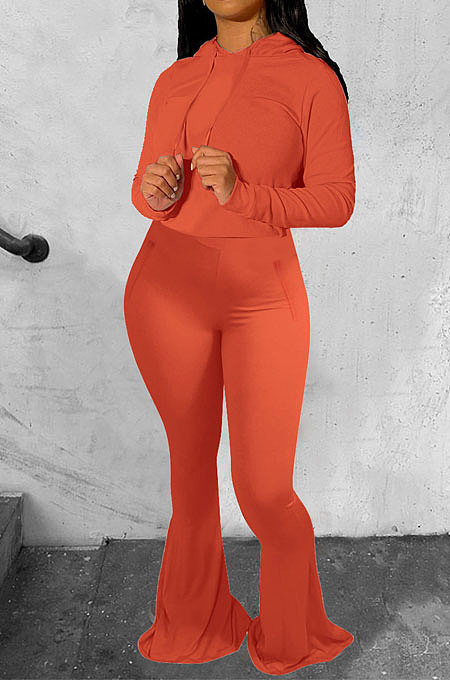 Orange Wholesale Cotton Blend Long Sleeve Hoodie Flare Pants Slim Fitting Solid Color Sets YYF8249-6