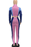 Black Modest Spliced Long Sleeve Zipper Crop Tops Bodycon Pants Jean Legging  Sets ZQ8125-1