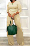 Rose Red Fashion Casual Long Sleeve Round Neck T-Shirts High Waist Wide Leg Pants Solid Color Sets TRS1179-1