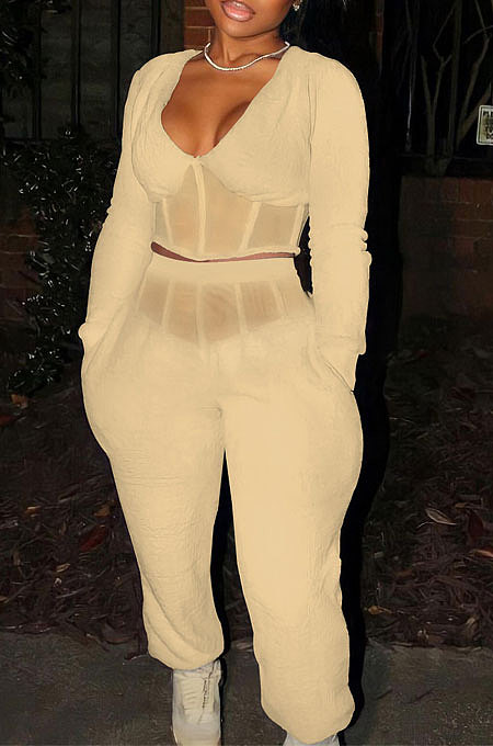 Black Sexy Mesh Spliced Long Sleeve V Neck Tops Loose Ankle Banded Pants Casual Sets YYF8254-1