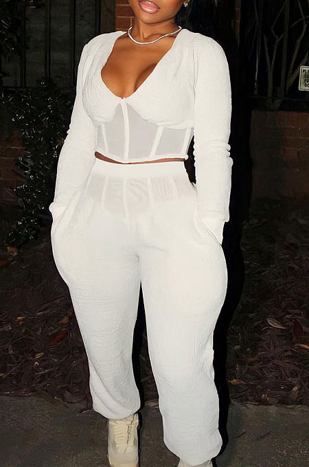 White Sexy Mesh Spliced Long Sleeve V Neck Tops Loose Ankle Banded Pants Casual Sets YYF8254-2