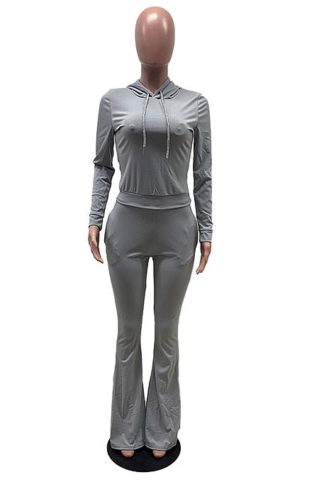 Purple Wholesale Cotton Blend Long Sleeve Hoodie Flare Pants Slim Fitting Solid Color Sets YYF8249-1