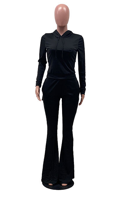 Purple Wholesale Cotton Blend Long Sleeve Hoodie Flare Pants Slim Fitting Solid Color Sets YYF8249-1