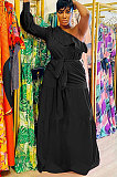 Watermelon Red Flounce Bandage Zipper Oblique Shoulder Irregular Long Dress GL6516-1