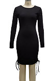 Green Cotton Blend Simple Long Sleeve Drawsting Solid Color Slim Fitting Hip Dress SMR10606-4