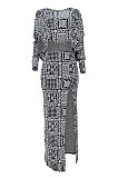 Black Women Long Sleeve Round Collar Fashion Flounce Tops High Split Skirts Sets GL6515