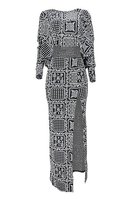 Black Women Long Sleeve Round Collar Fashion Flounce Tops High Split Skirts Sets GL6515