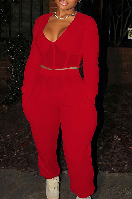 Drak Green Sexy Mesh Spliced Long Sleeve V Neck Tops Loose Ankle Banded Pants Casual Sets YYF8254-4