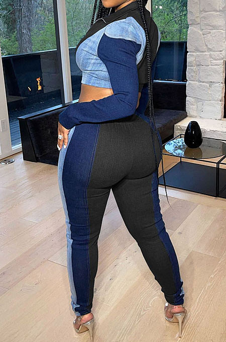 Black Modest Spliced Long Sleeve Zipper Crop Tops Bodycon Pants Jean Legging  Sets ZQ8125-1
