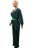 Wine Red Newest Chiffon Long Sleeve Deep V Collar Crop Blouse High Waist Wide Leg Pants Two-Piece SZS8185-1