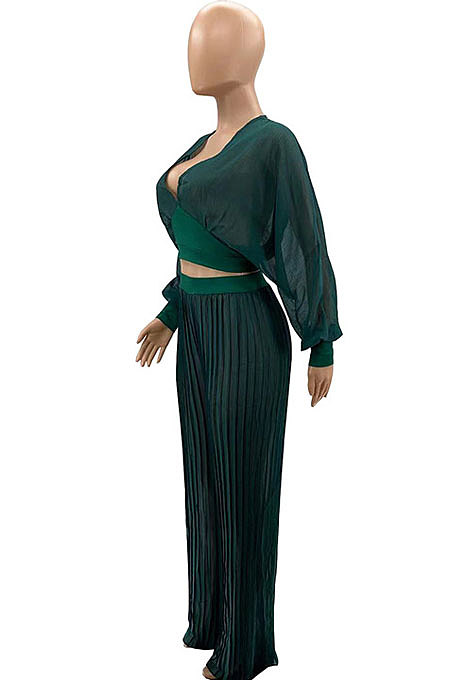 Wine Red Newest Chiffon Long Sleeve Deep V Collar Crop Blouse High Waist Wide Leg Pants Two-Piece SZS8185-1