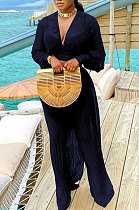 Navy Cyan Newest Chiffon Long Sleeve Deep V Collar Crop Blouse High Waist Wide Leg Pants Two-Piece SZS8185-2