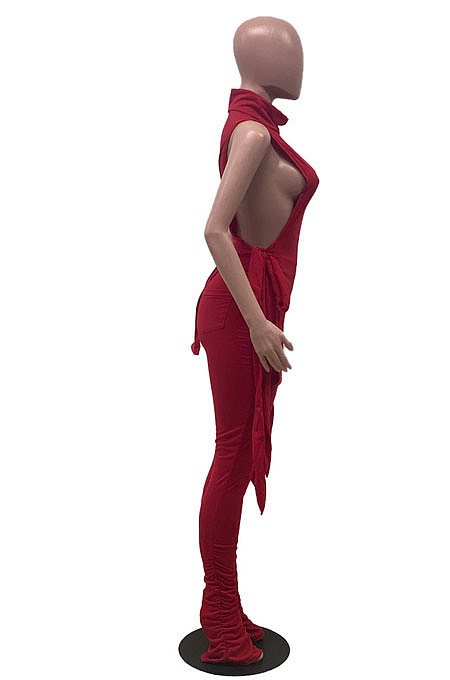 Pink Personality Pure Color Sleeveless High Neck Tops Ruffle Trousers Casual Sets YYF8247-6