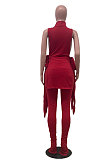 Black Personality Pure Color Sleeveless High Neck Tops Ruffle Trousers Casual Sets YYF8247-2