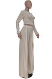 Rose Red Fashion Casual Long Sleeve Round Neck T-Shirts High Waist Wide Leg Pants Solid Color Sets TRS1179-1