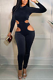 Brown Women Fashion Hollw Out Solid Color Long Sleeve Mid Waist Bodycon Jumpsuits PU6099-1