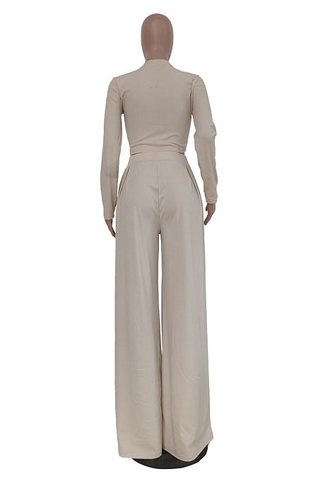 Red Fashion Casual Long Sleeve Round Neck T-Shirts High Waist Wide Leg Pants Solid Color Sets TRS1179-3