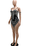 Black Women Sexy Irregular V Collar Condole Belt Hot Drilling Tassel Mini Dress CCY9192