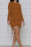 Green Cotton Blend Simple Long Sleeve Drawsting Solid Color Slim Fitting Hip Dress SMR10606-4