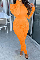 Orange Casual Modest Women Long Sleeve O Neck T-Shirts Pencil Pants Ruffle Solid Color Sets TRS1183-4