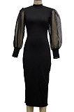 Yellow Wholesale New Mesh Spliced Puff Sleeve O Neck Collect Waist For Party Pencil Dress SMR10564-2