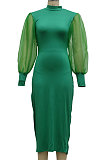 Yellow Wholesale New Mesh Spliced Puff Sleeve O Neck Collect Waist For Party Pencil Dress SMR10564-2
