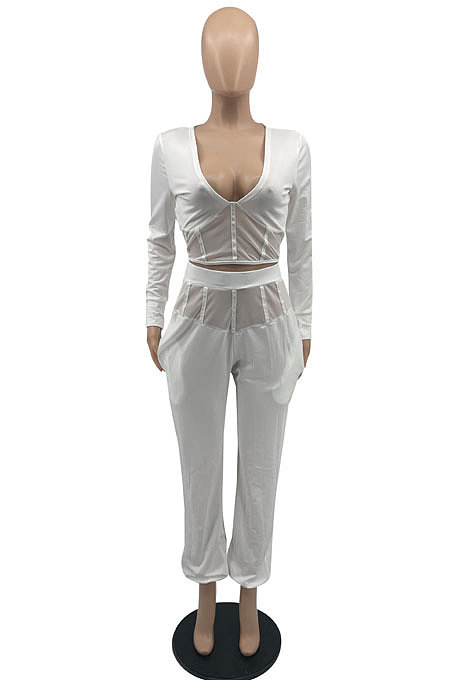 Drak Green Sexy Mesh Spliced Long Sleeve V Neck Tops Loose Ankle Banded Pants Casual Sets YYF8254-4