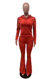 Red Wholesale Cotton Blend Long Sleeve Hoodie Flare Pants Slim Fitting Solid Color Sets YYF8249-2