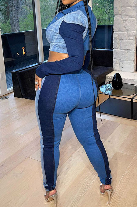 Black Modest Spliced Long Sleeve Zipper Crop Tops Bodycon Pants Jean Legging  Sets ZQ8125-1