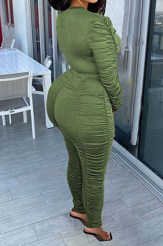 Army Green Casual Modest Women Long Sleeve O Neck T-Shirts Pencil Pants Ruffle Solid Color Sets TRS1183-2