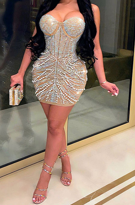 Apricot Women Sexy Sleeveless Hip Fashion Bling Bling Mid Waist Mini Dress CCY9149-5