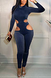 Blue Women Fashion Hollw Out Solid Color Long Sleeve Mid Waist Bodycon Jumpsuits PU6099-3