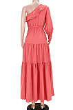 Watermelon Red Flounce Bandage Zipper Oblique Shoulder Irregular Long Dress GL6516-1