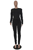 Blue Casual Modest Women Long Sleeve O Neck T-Shirts Pencil Pants Ruffle Solid Color Sets TRS1183-5