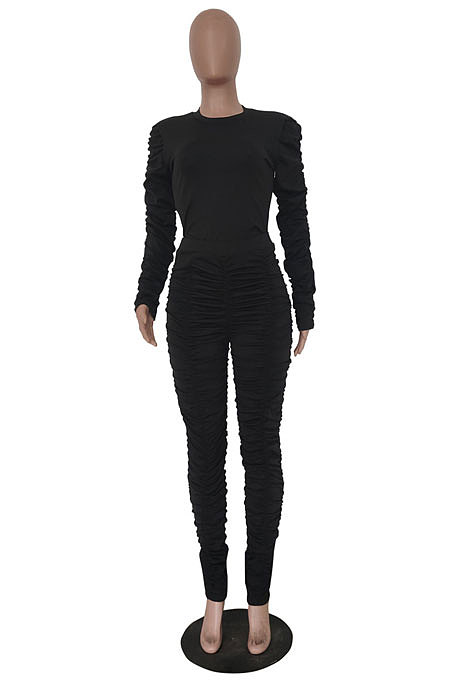 Orange Casual Modest Women Long Sleeve O Neck T-Shirts Pencil Pants Ruffle Solid Color Sets TRS1183-4