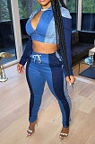 Blue Modest Spliced Long Sleeve Zipper Crop Tops Bodycon Pants Jean Legging  Sets ZQ8125-3