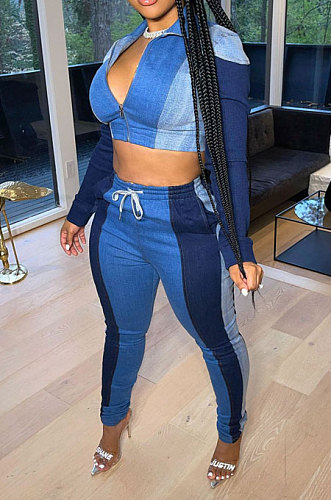 Blue Modest Spliced Long Sleeve Zipper Crop Tops Bodycon Pants Jean Legging  Sets ZQ8125-3